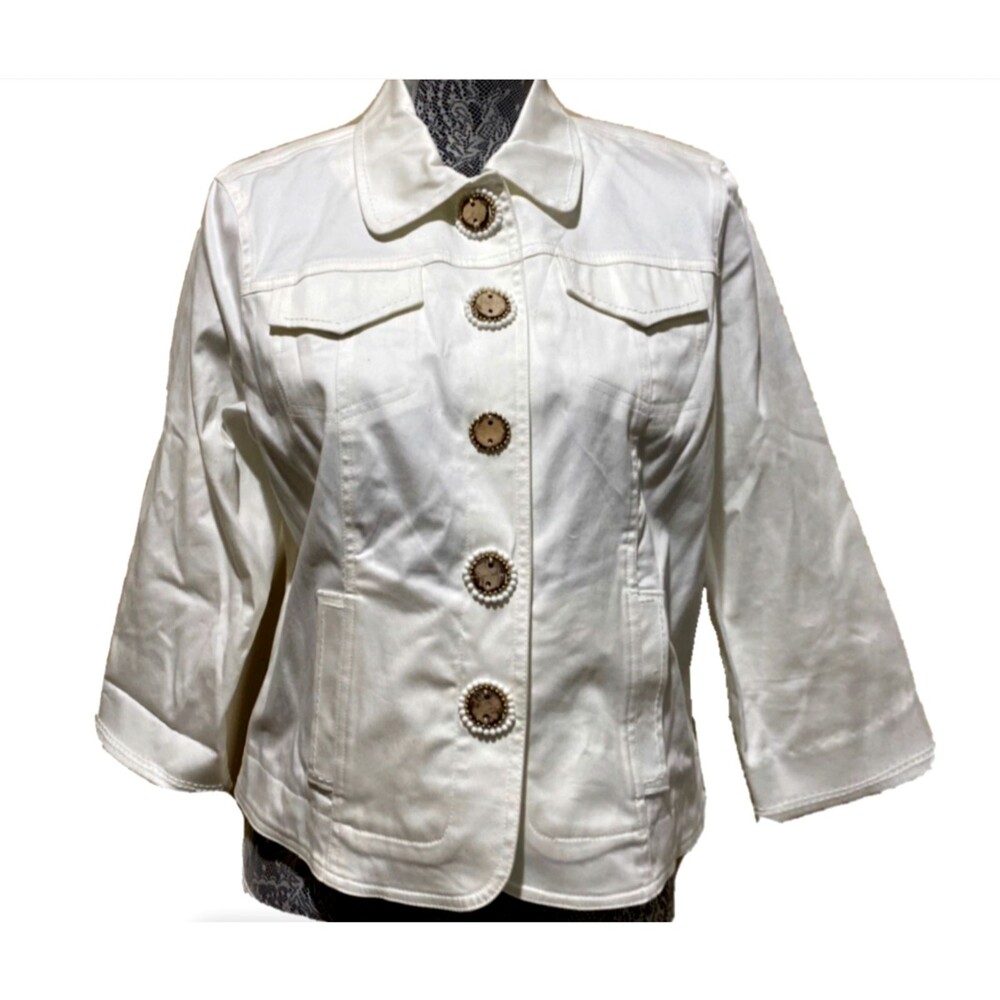 Ruby Rd Jacket 12P White 3/4 Sleeve Decor Button Crop Blazer Coat Snap Pockets